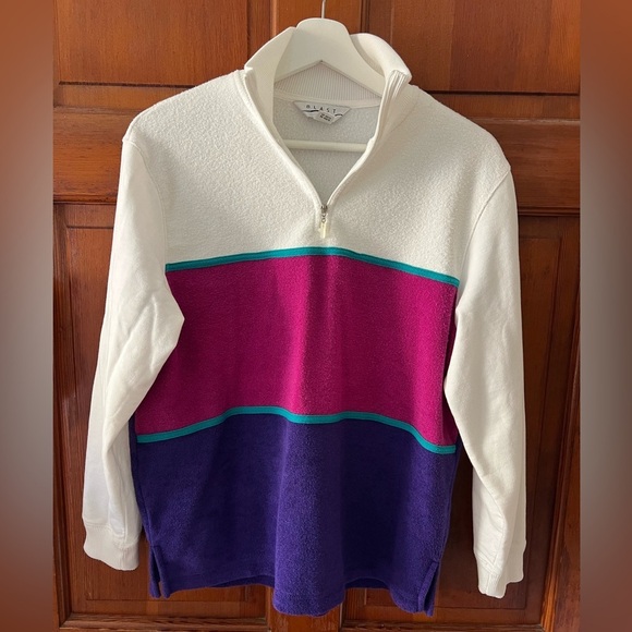 Vintage Sweaters - Vintage BLAST Colorblock Quarter Zip Fleece Pullover Petite M 80s 90s Sweatshirt